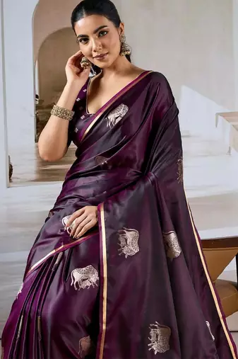 purple ethnic motifs woven design satin banarasi saree