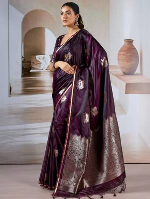 purple ethnic motifs woven design satin banarasi saree 3