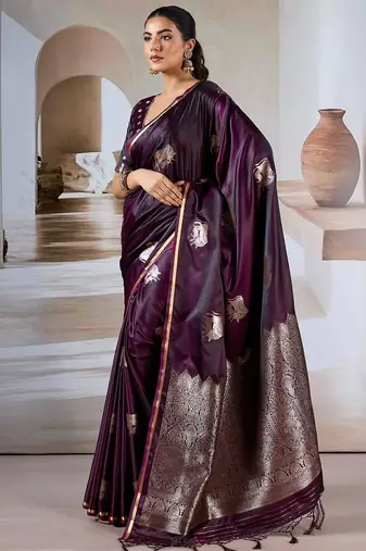purple ethnic motifs woven design satin banarasi saree