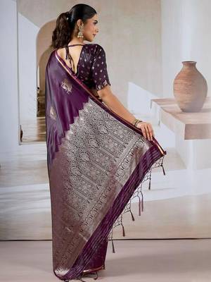 purple ethnic motifs woven design satin banarasi saree 4