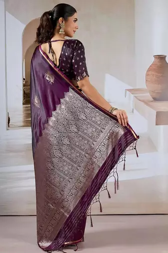 purple ethnic motifs woven design satin banarasi saree