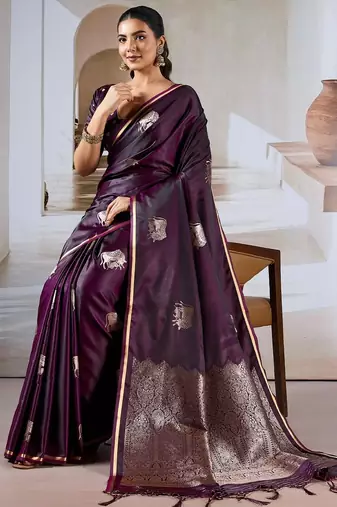purple ethnic motifs woven design satin banarasi saree