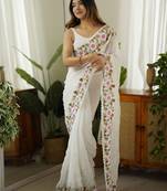 white embellished sequinned georgette saree