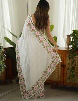 white embellished sequinned georgette saree 2