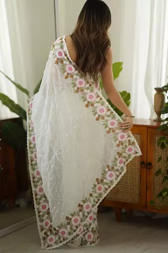 white embellished sequinned georgette saree