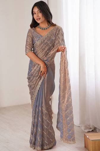 grey metallic chiffon ethnic embellished party wear matching blouse sarees