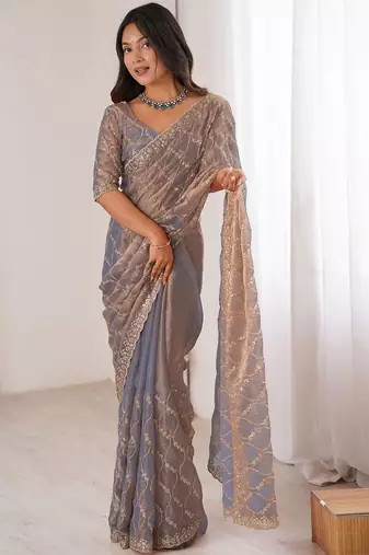 grey metallic chiffon ethnic embellished party wear matching blouse sarees