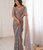 grey metallic chiffon ethnic embellished party wear matching blouse sarees