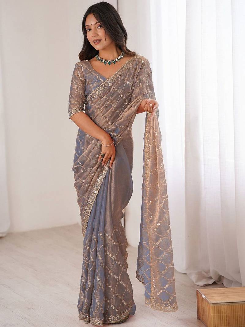 grey metallic chiffon ethnic embellished party wear matching blouse sarees