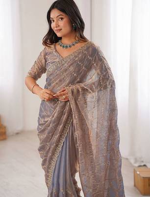 grey metallic chiffon ethnic embellished party wear matching blouse sarees 2