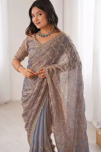 grey metallic chiffon ethnic embellished party wear matching blouse sarees