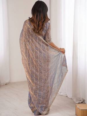 grey metallic chiffon ethnic embellished party wear matching blouse sarees 3