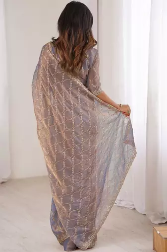 grey metallic chiffon ethnic embellished party wear matching blouse sarees