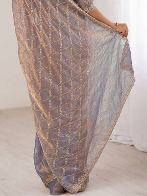 grey metallic chiffon ethnic embellished party wear matching blouse sarees 5