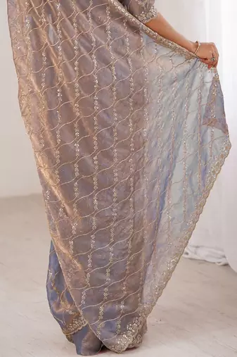 grey metallic chiffon ethnic embellished party wear matching blouse sarees