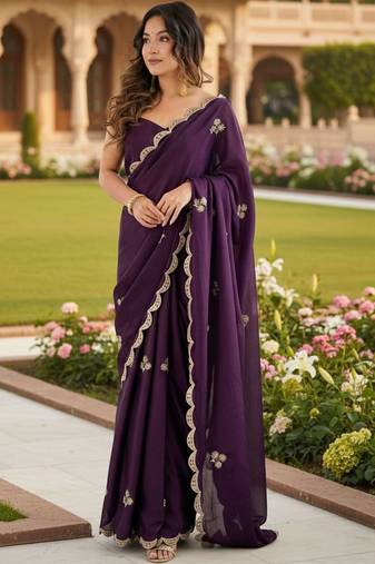 purple embellished embroidered poly chiffon designer saree