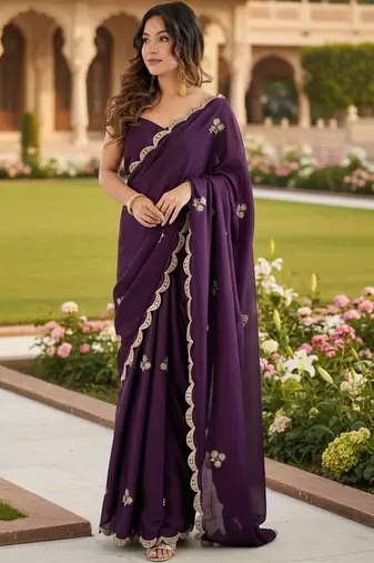 purple embellished embroidered poly chiffon designer saree