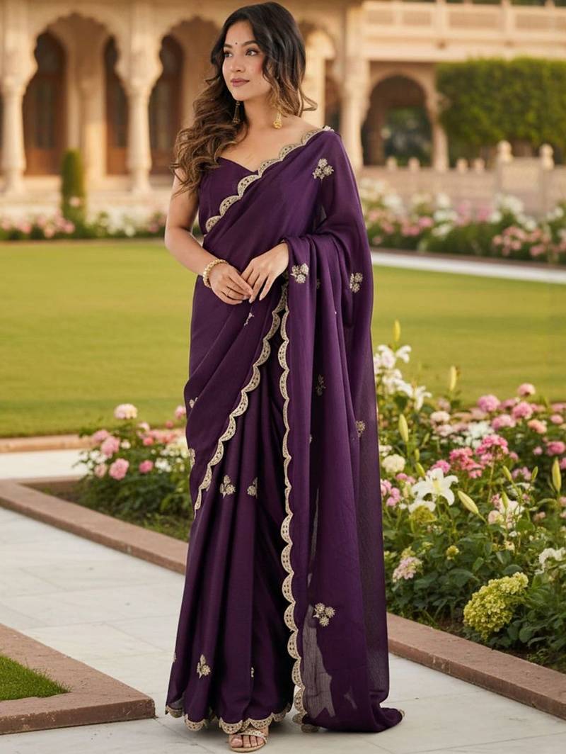 purple embellished embroidered poly chiffon designer saree