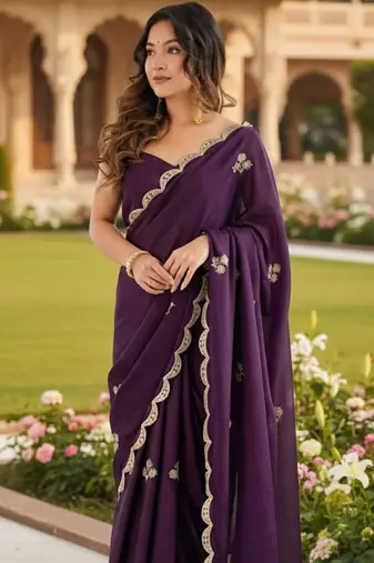 purple embellished embroidered poly chiffon designer saree