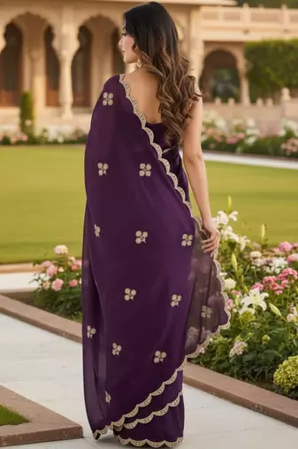 purple embellished embroidered poly chiffon designer saree