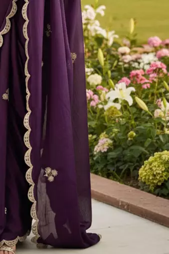 purple embellished embroidered poly chiffon designer saree