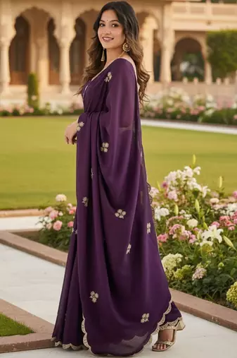 purple embellished embroidered poly chiffon designer saree