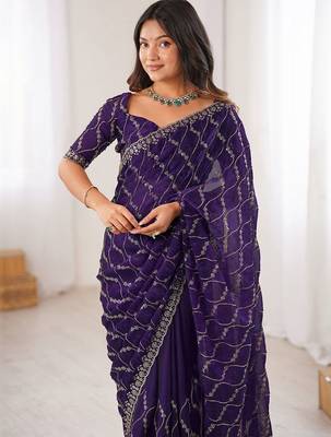 purple chiffon ethnic embellished party wear matching blouse sarees 1