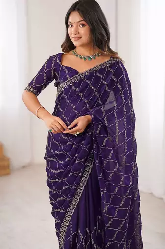 purple chiffon ethnic embellished party wear matching blouse sarees