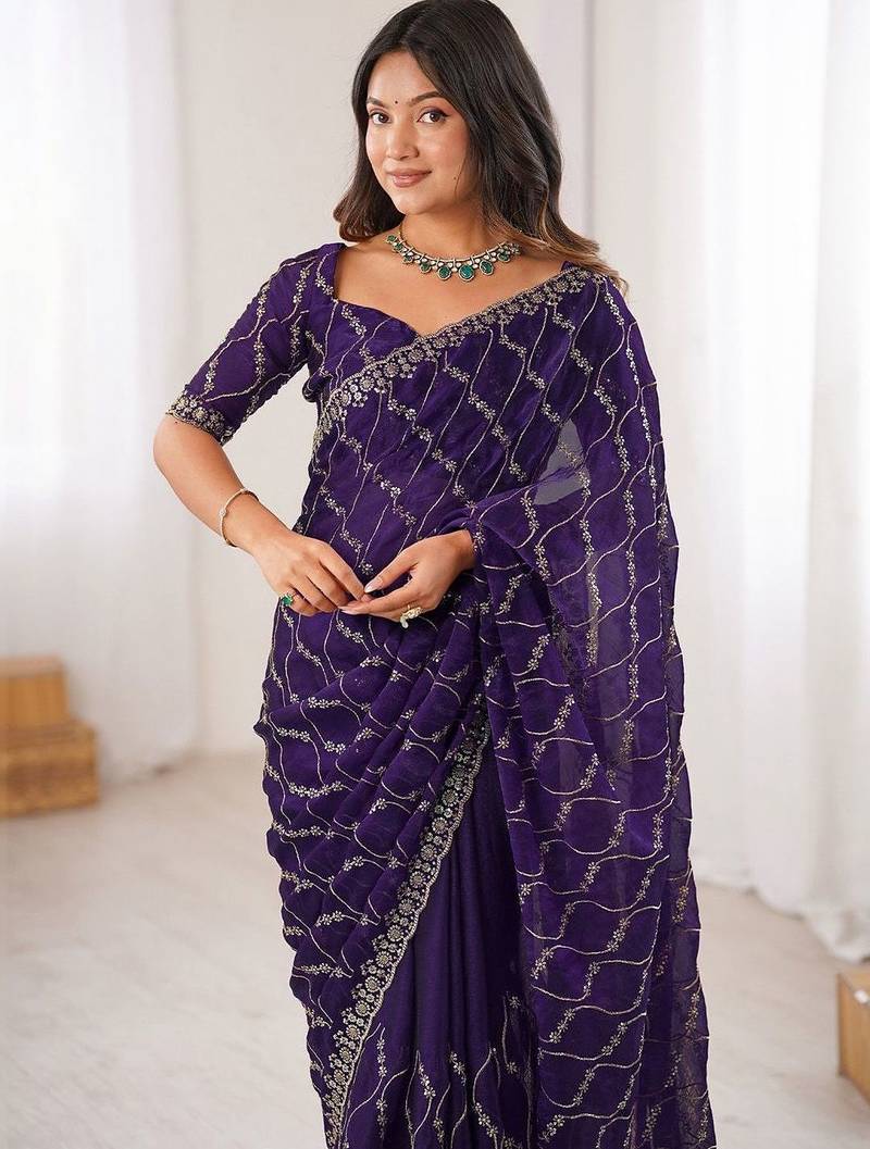 purple chiffon ethnic embellished party wear matching blouse sarees