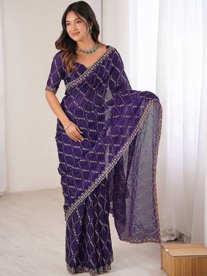 purple chiffon ethnic embellished party wear matching blouse sarees 2