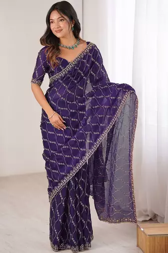 purple chiffon ethnic embellished party wear matching blouse sarees