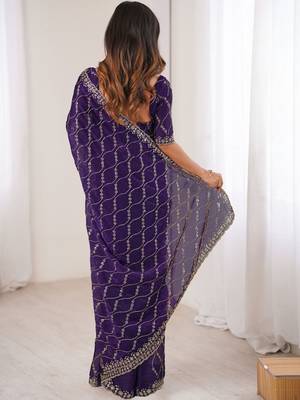 purple chiffon ethnic embellished party wear matching blouse sarees 3