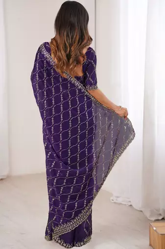 purple chiffon ethnic embellished party wear matching blouse sarees