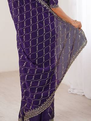 purple chiffon ethnic embellished party wear matching blouse sarees 5
