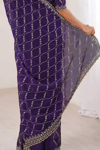 purple chiffon ethnic embellished party wear matching blouse sarees