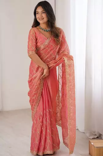 peach burgundy chiffon ethnic embellished party wear matching blouse sarees