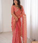 peach burgundy chiffon ethnic embellished party wear matching blouse sarees