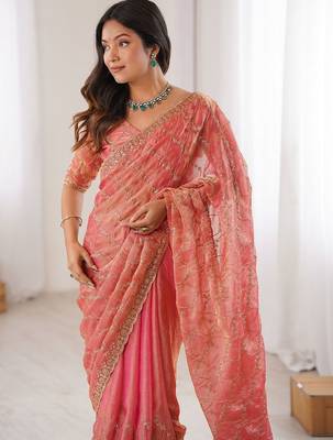 peach burgundy chiffon ethnic embellished party wear matching blouse sarees 2