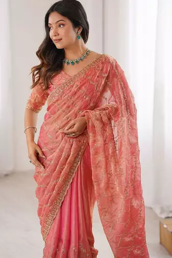 peach burgundy chiffon ethnic embellished party wear matching blouse sarees