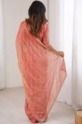 peach burgundy chiffon ethnic embellished party wear matching blouse sarees