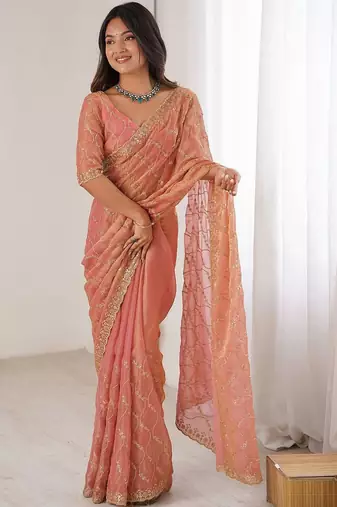 peach chiffon ethnic embellished party wear matching blouse sarees