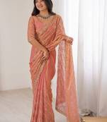 peach chiffon ethnic embellished party wear matching blouse sarees