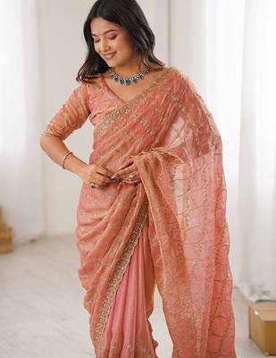 peach chiffon ethnic embellished party wear matching blouse sarees 2