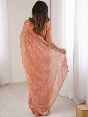 peach chiffon ethnic embellished party wear matching blouse sarees 3