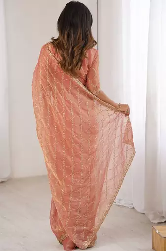 peach chiffon ethnic embellished party wear matching blouse sarees