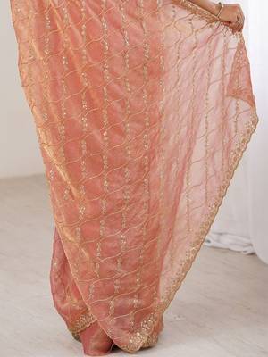 peach chiffon ethnic embellished party wear matching blouse sarees 5