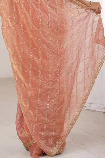 peach chiffon ethnic embellished party wear matching blouse sarees