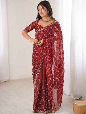 maroon chiffon ethnic embellished party wear matching blouse sarees 1