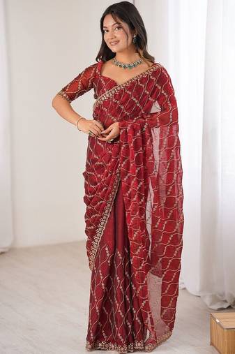 maroon chiffon ethnic embellished party wear matching blouse sarees