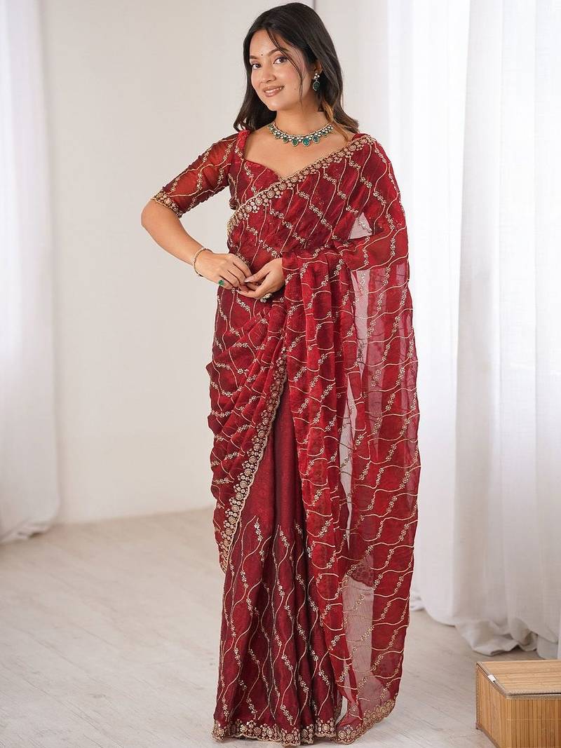 maroon chiffon ethnic embellished party wear matching blouse sarees
